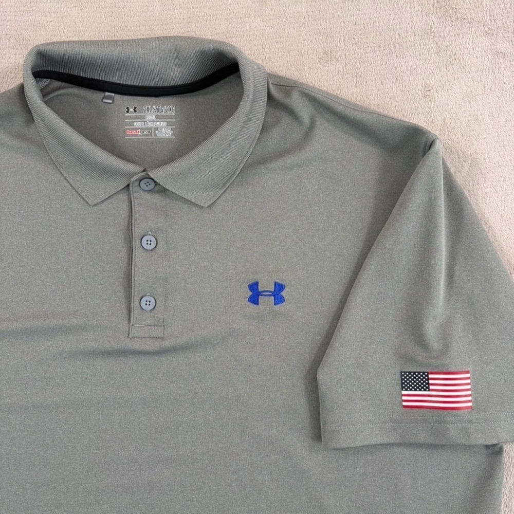 Under Armour USA Flag Stretch Performance Golf Polo Shirt Grey Men 2XL HeatGear